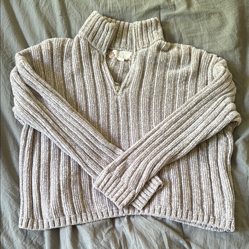 Pink Rose Gray Cowl Neck Sweater with Ribbed Texture